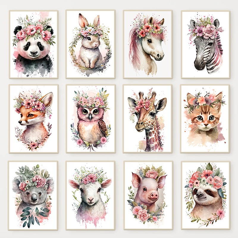 Heavy Equipment Background - Aquarell süße Babytiere mit Blumen Poster