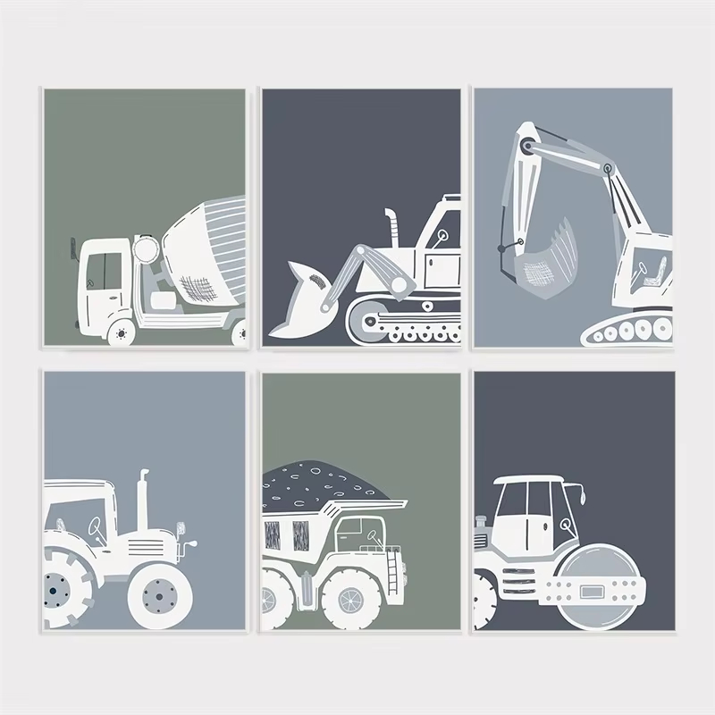 Heavy Equipment Background - Moderne Cartoon-Baufahrzeuge, Poster, LKW, Traktor, Bagger,