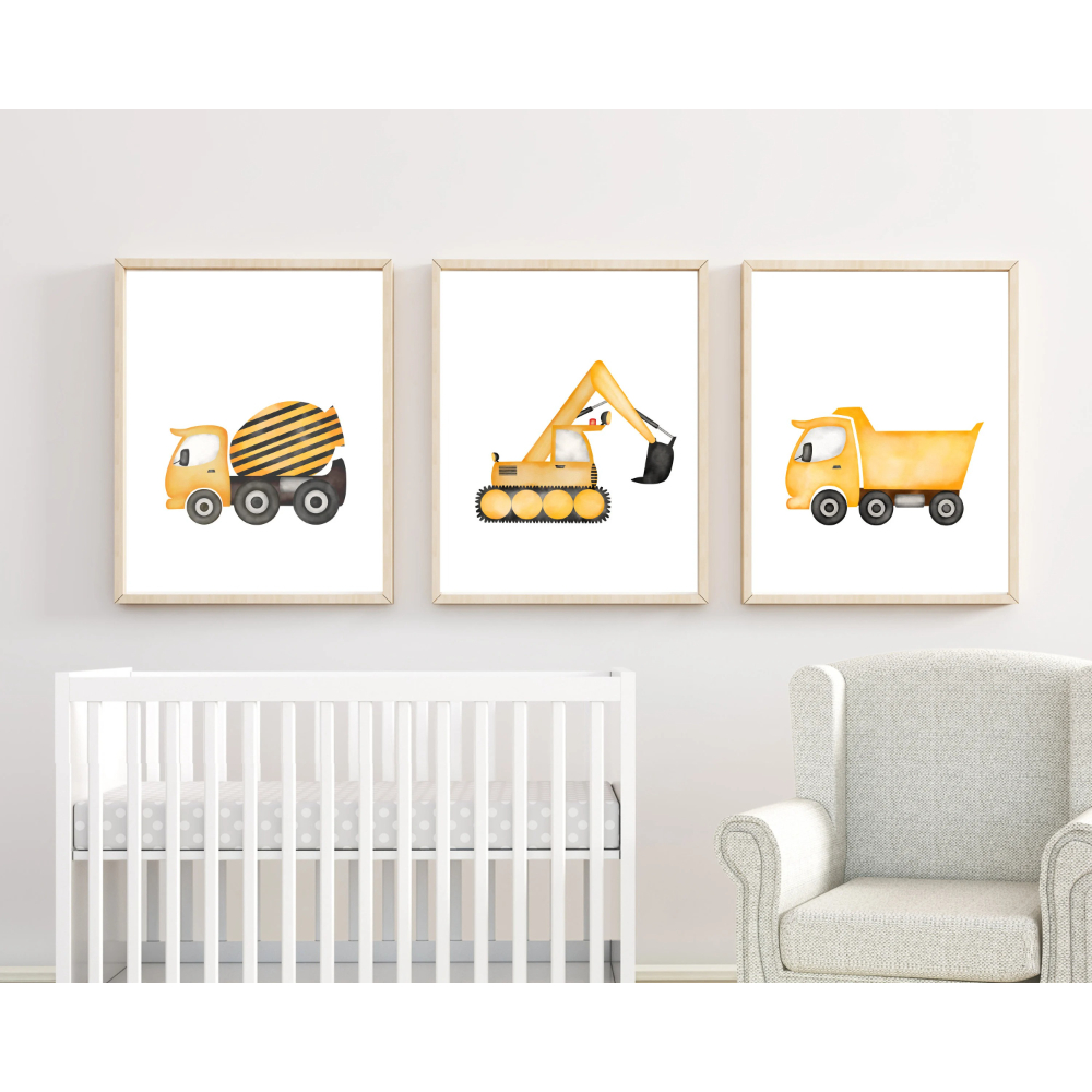 Heavy Equipment Background - 3-teiliges Set Minimalistische Cartoon-Baufahrzeug Kunstdrucke Poster